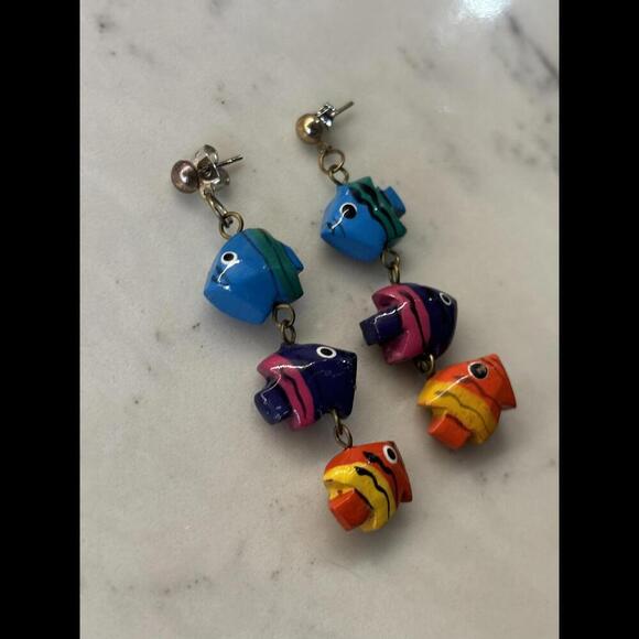 Handmade Vintage 80's Wooden Colorful Fish Dangle Earrings - Picture 3 of 4
